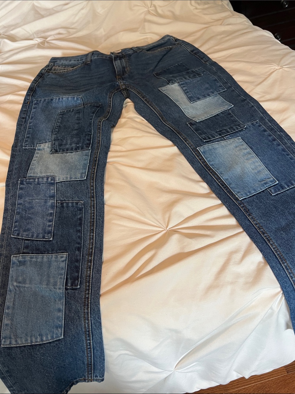 Sun + Stone Men's Patchwork Denim Jeans in Dark and Light Blue